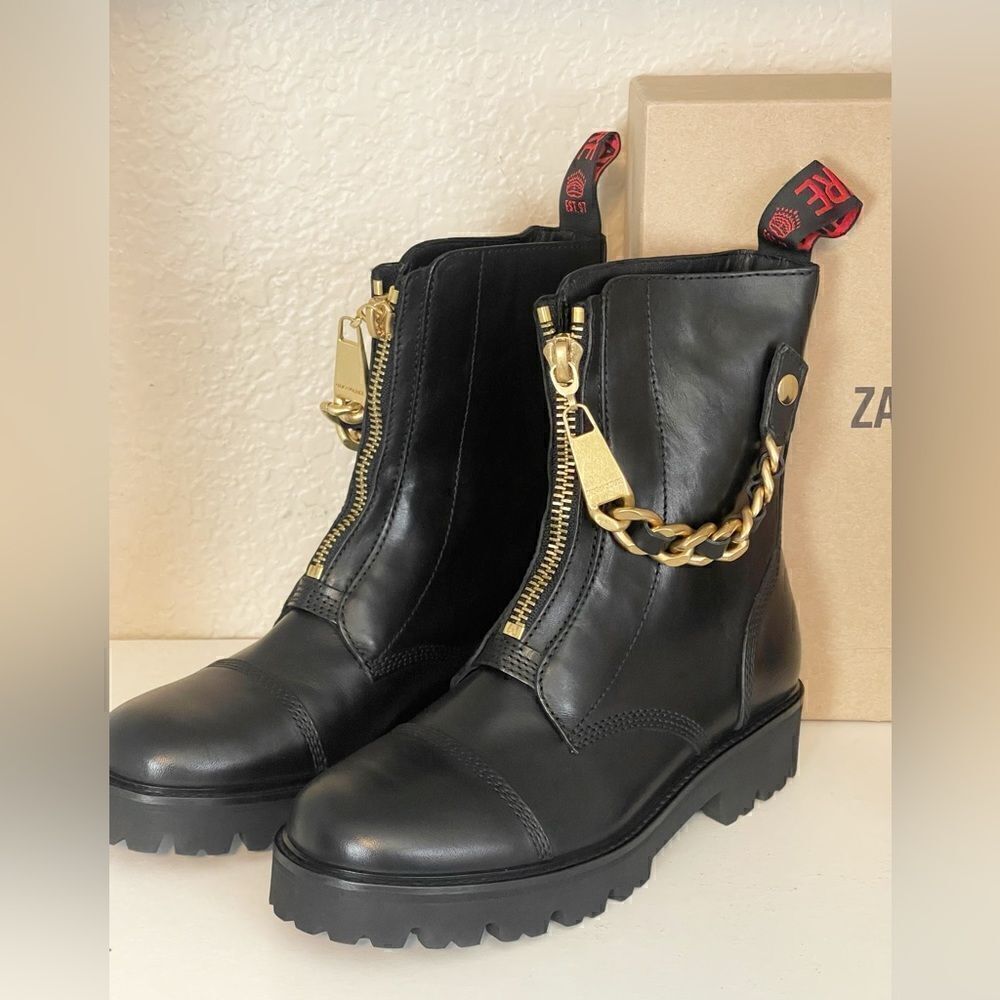 Zadig & Voltaire Joe Cecilia leather combat moto boots with gold chain New - Picture 14 of 16